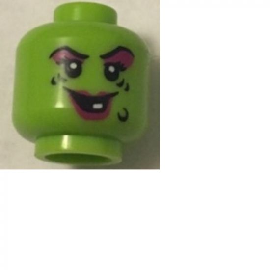 Minifigure, Head Female Magenta Lips and Eye Shadow, Black Wart and Wrinkles, Smile with One White Tooth Pattern - Hollow Stud