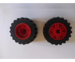 Wheel & Tire Assembly 18mm D. x 14mm with Axle Hole, Fake Bolts and Shallow Spokes with Black Tire 30.4 x 14 Offset Tread Band Around Center of Tread (55982 / 92402)