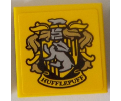 Tile 2 x 2 with HP 'HUFFLEPUFF' House Crest with Gold Plumes on Yellow Background Pattern (Sticker) - Set 71043