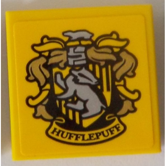 Tile 2 x 2 with HP 'HUFFLEPUFF' House Crest with Gold Plumes on Yellow Background Pattern (Sticker) - Set 71043