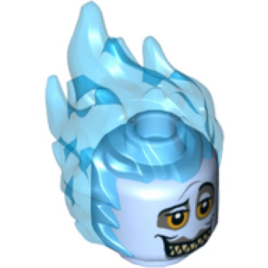 Minifigure, Head, Modified Alien with Trans-Dark Blue Flaming Hair, Bright Light Orange Eyes with Dark Bluish Gray Rings, Sharp Teeth Pattern