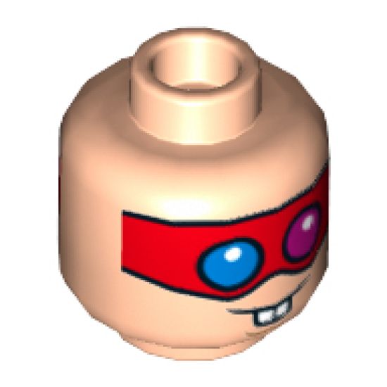 Minifigure, Head Dual Sided Male Red Eye Mask with Blue and Red Eyes, Buck Teeth, Neutral / Scared Pattern - Hollow Stud