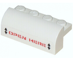 Slope, Curved 2 x 4 x 1 1/3 with Four Recessed Studs with Red 'OPEN HERE' with Black Arrows Pattern (Sticker) - Set 5974