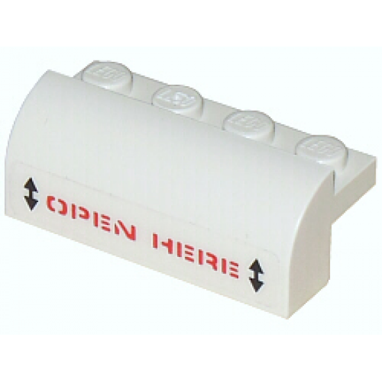 Slope, Curved 2 x 4 x 1 1/3 with Four Recessed Studs with Red 'OPEN HERE' with Black Arrows Pattern (Sticker) - Set 5974