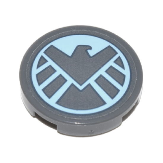 Tile, Round 2 x 2 with Bottom Stud Holder with Dark Bluish Gray S.H.I.E.L.D. Eagle on Bright Light Blue Background Pattern (Sticker) - Set 76042