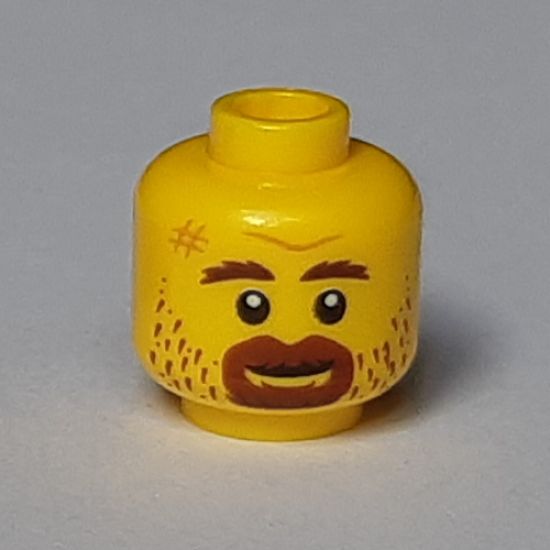 Minifigure, Head Reddish Brown Eyebrows, Goatee, Stubble, Medium Nougat Scar and Brow Furrow Pattern - Hollow Stud