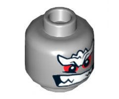 Minifigure, Head Alien with White Bushy Eyebrows, Red Eyes, Bared Sharp Teeth Pattern (Doomsday) - Hollow Stud