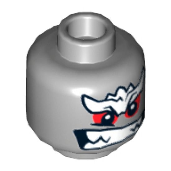 Minifigure, Head Alien with White Bushy Eyebrows, Red Eyes, Bared Sharp Teeth Pattern (Doomsday) - Hollow Stud