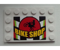 Tile, Modified 4 x 6 with Studs on Edges with Motorcycle and 'BIKE SHOP' on Checkered Background Pattern (Sticker) - Set 60026