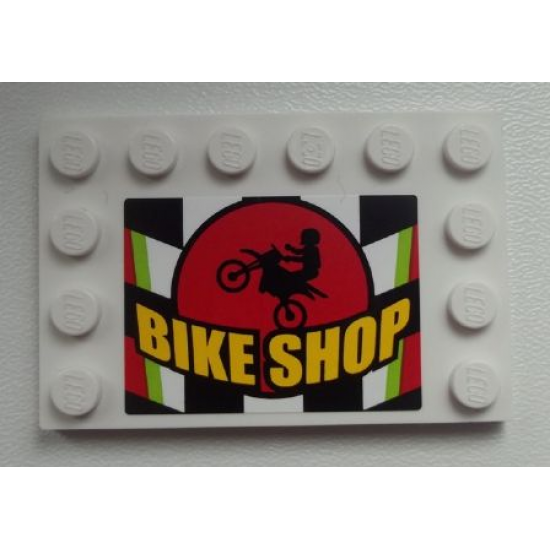 Tile, Modified 4 x 6 with Studs on Edges with Motorcycle and 'BIKE SHOP' on Checkered Background Pattern (Sticker) - Set 60026