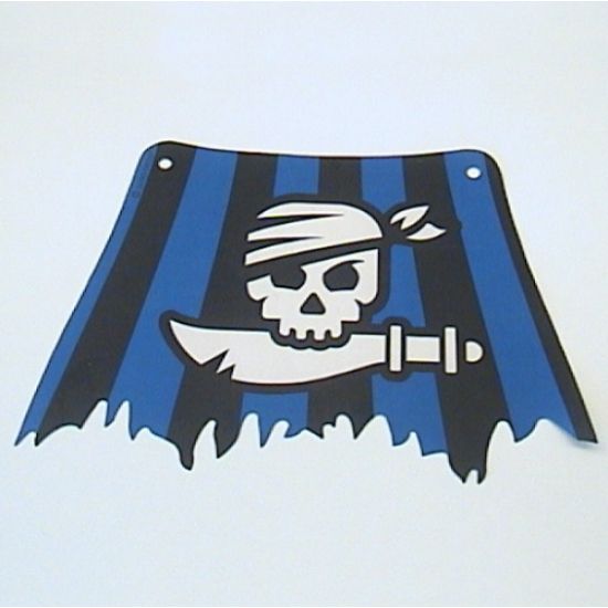 Cloth Sail 27 x 18 with Black and Blue Stripes, Skull and Cutlass Pattern, Tatters