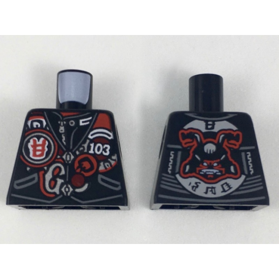 Torso Biker Vest with Number 103 and Red and Silver Patches, Garmadon Mask on Back Pattern