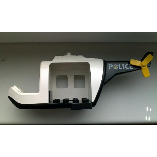 Duplo, Aircraft Helicopter Body Large with Black Base, Black Tail, Yellow Tail Rotor and White 'POLICE' Pattern