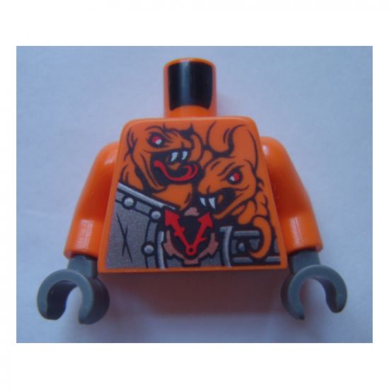 Torso Ninjago Armor with Rivets, Clock and 4 Orange Snakes with Red Eyes and White Fangs Pattern / Orange Arms / Dark Bluish Gray Hands