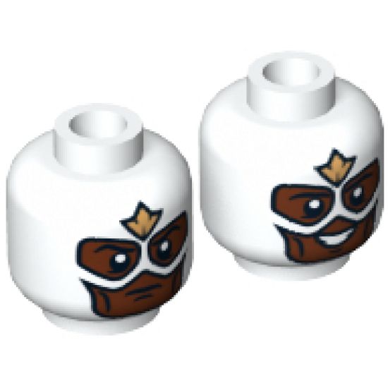 Minifigure, Head Dual Sided Mask with Brown Face and Gold Emblem on Forehead, Open Mouth / Closed Mouth Pattern - Hollow Stud