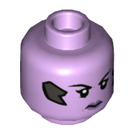 Minifigure, Head Dual Sided Female, Pearl Dark Gray Implants, Medium Lavender Lips, Scowl / Smile Winking Left Eye Pattern - Hollow Stud