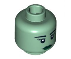 Minifigure, Head Female with Black Eyebrows, Eyelashes, White Pupils, Dark Green Lips Pattern - Blocked Open Stud (Lady Liberty)