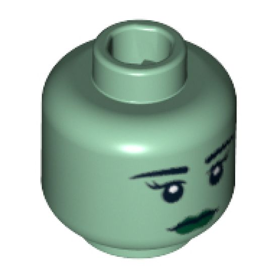 Minifigure, Head Female with Black Eyebrows, Eyelashes, White Pupils, Dark Green Lips Pattern - Blocked Open Stud (Lady Liberty)