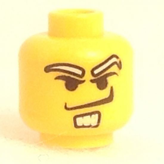 Minifigure, Head Male White Eyebrows and Goatee, Angry Smirk Pattern - Blocked Open Stud
