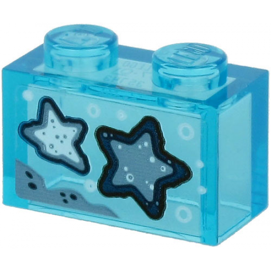 Brick 1 x 2 without Bottom Tube with 2 Blue Starfish on Transparent Background Pattern (Sticker) - Set 60266