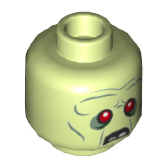 Minifigure, Head Alien Zombie, Red Eyes, Frowning, Broken Teeth, Stitching and 2 Buttons on Back Pattern - Hollow Stud