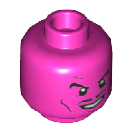 Minifigure, Head Dual Sided, Black Eyebrows and Pencil Moustache, Magenta Cheek Lines, Smile / Scowl with Yellow Eyes Pattern - Hollow Stud