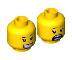 Minifigure, Head Dual Sided Female Brown Eyebrows, Freckles, Eyelashes, Peach Lips, Smile with Teeth / Scared Open Mouth Pattern - Hollow Stud