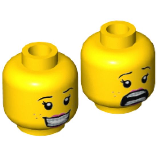 Minifigure, Head Dual Sided Female Brown Eyebrows, Freckles, Eyelashes, Peach Lips, Smile with Teeth / Scared Open Mouth Pattern - Hollow Stud