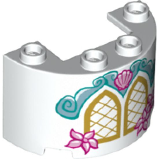 Cylinder Half 2 x 4 x 2 with 1 x 2 Cutout with Gold Windows and Bright Light Pink Shell and Flowers Pattern