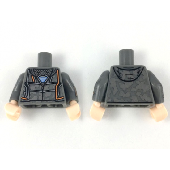 Torso Hoodie, Silver Camo, Orange Stripes, Arc Reactor Pattern / Dark Bluish Gray Arms with Silver Camo, Orange Stripes Pattern / Light Nougat Hands