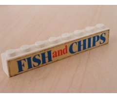 Brick 1 x 8 with Blue and Red 'FISH and CHIPS' Text Pattern (Sticker) - Set 1592-1