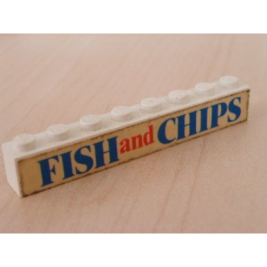 Brick 1 x 8 with Blue and Red 'FISH and CHIPS' Text Pattern (Sticker) - Set 1592-1