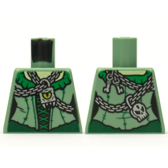Torso Female Bodice Green Collar and Laces, Silver Chains and Pendant with Lime Eye, Keys and Skull Padlock on Back Pattern