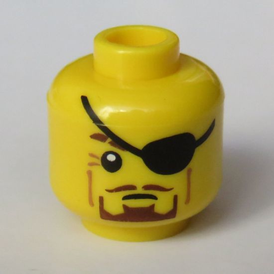 Minifigure, Head Black Eyepatch over Left Eye, Medium Nougat Crow's Feet, Reddish Brown Goatee Pattern - Hollow Stud
