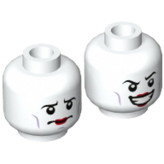 Minifigure, Head Dual Sided Black Eyebrows, Lavender Cheek Lines, Red Lipstick, Wide Grin / Worried Pattern - Hollow Stud