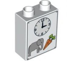 Duplo, Brick 1 x 2 x 2 with Clock, Elephant and Carrots Pattern
