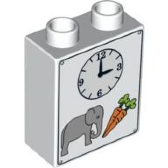 Duplo, Brick 1 x 2 x 2 with Clock, Elephant and Carrots Pattern