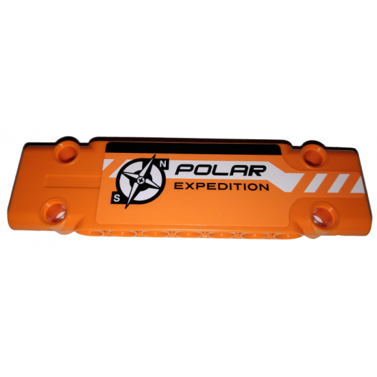 Technic, Panel Plate 3 x 11 x 1 with Black and White Stripes Partially Dashed, 'POLAR EXPEDITION' and Compass Logo on Orange Background Pattern Model Left Side (Sticker) - Set 42038