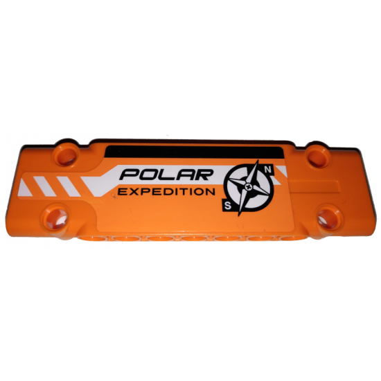 Technic, Panel Plate 3 x 11 x 1 with Black and White Stripes Partially Dashed, 'POLAR EXPEDITION' and Compass Logo on Orange Background Pattern Model Right Side (Sticker) - Set 42038