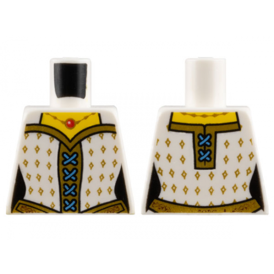 Torso Castle Female Corset with Gold Diamonds, Blue Laces, Gold Belt and Necklace with Red Round Jewel Pattern