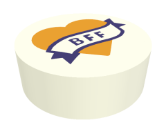Tile, Round 1 x 1 with Bright Light Orange Heart and Banner with Dark Purple 'BFF' Pattern