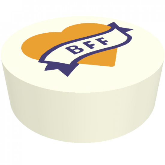Tile, Round 1 x 1 with Bright Light Orange Heart and Banner with Dark Purple 'BFF' Pattern