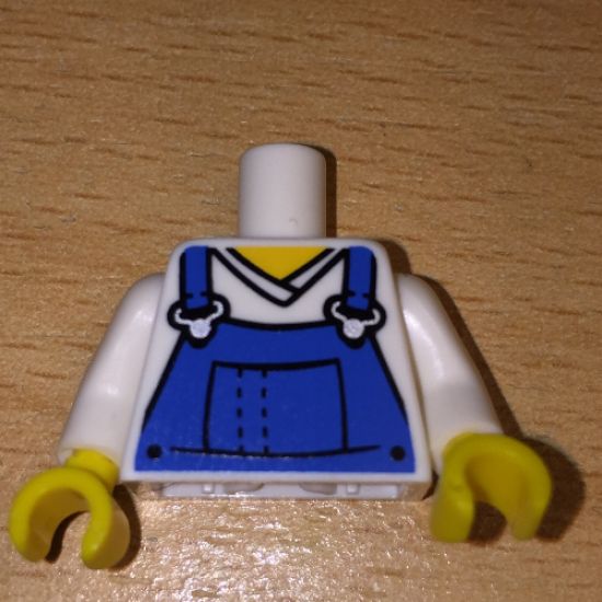 Torso V-Neck Shirt with Blue Overalls Front, 2011 The LEGO Store Pleasanton, CA Back Pattern / White Arms / Yellow Hands