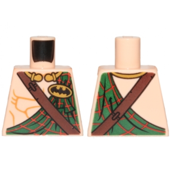 Torso Bare Chest Muscles with Dark Green Tartan Kilt, Dark Brown Diagonal Belt and Batman Logo in Yellow Oval Pattern