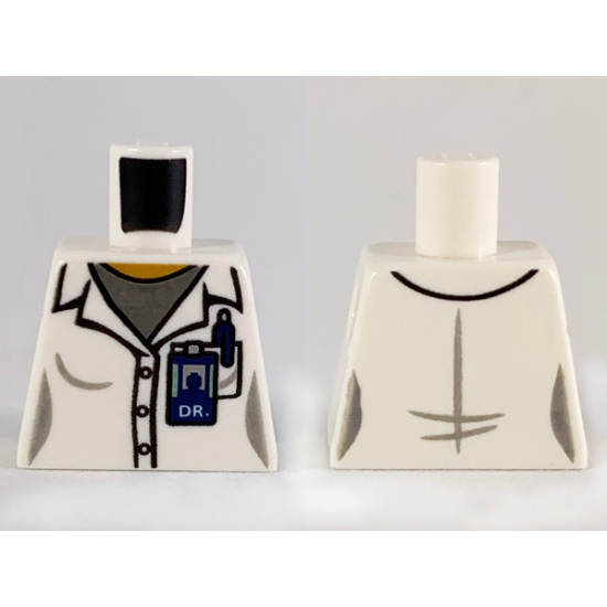 Torso Female Lab Coat over Dark Bluish Gray Shirt, 'DR' ID Badge and Pocket Pattern