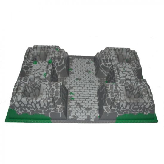 Baseplate, Raised 32 x 48 x 6 with 4 Corner Pits with Dark Bluish Gray and Light Bluish Gray Rock Pattern