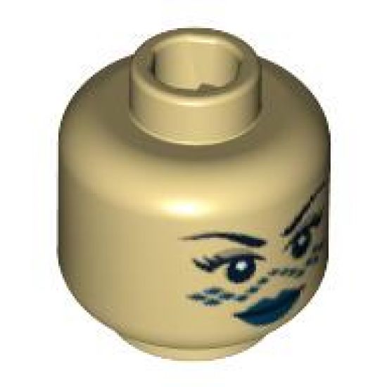 Minifigure, Head Female SW Barriss Offee, Blue Lips, Blue Tattoo Pattern - Blocked Open Stud