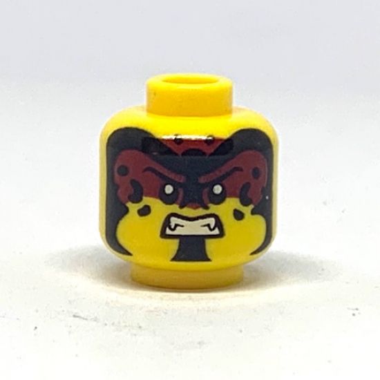 Minifigure, Head Dual Sided Black and Dark Red Forehead Makeup, Black Spots and Chin, Grin / Fierce with Fangs Pattern - Hollow Stud