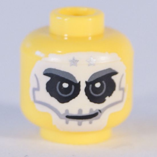 Minifigure, Head Alien with White Full Face Skull Tattoo, 2 Silver Stars on Forehead, Black Dots Hair on Back Pattern - Hollow Stud