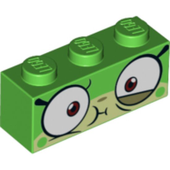 Brick 1 x 3 with Cat Face Wide Eyes and Olive Green Lower Eyelid, Sick Expression with Closed Mouth Pattern (Queasy Unikitty)